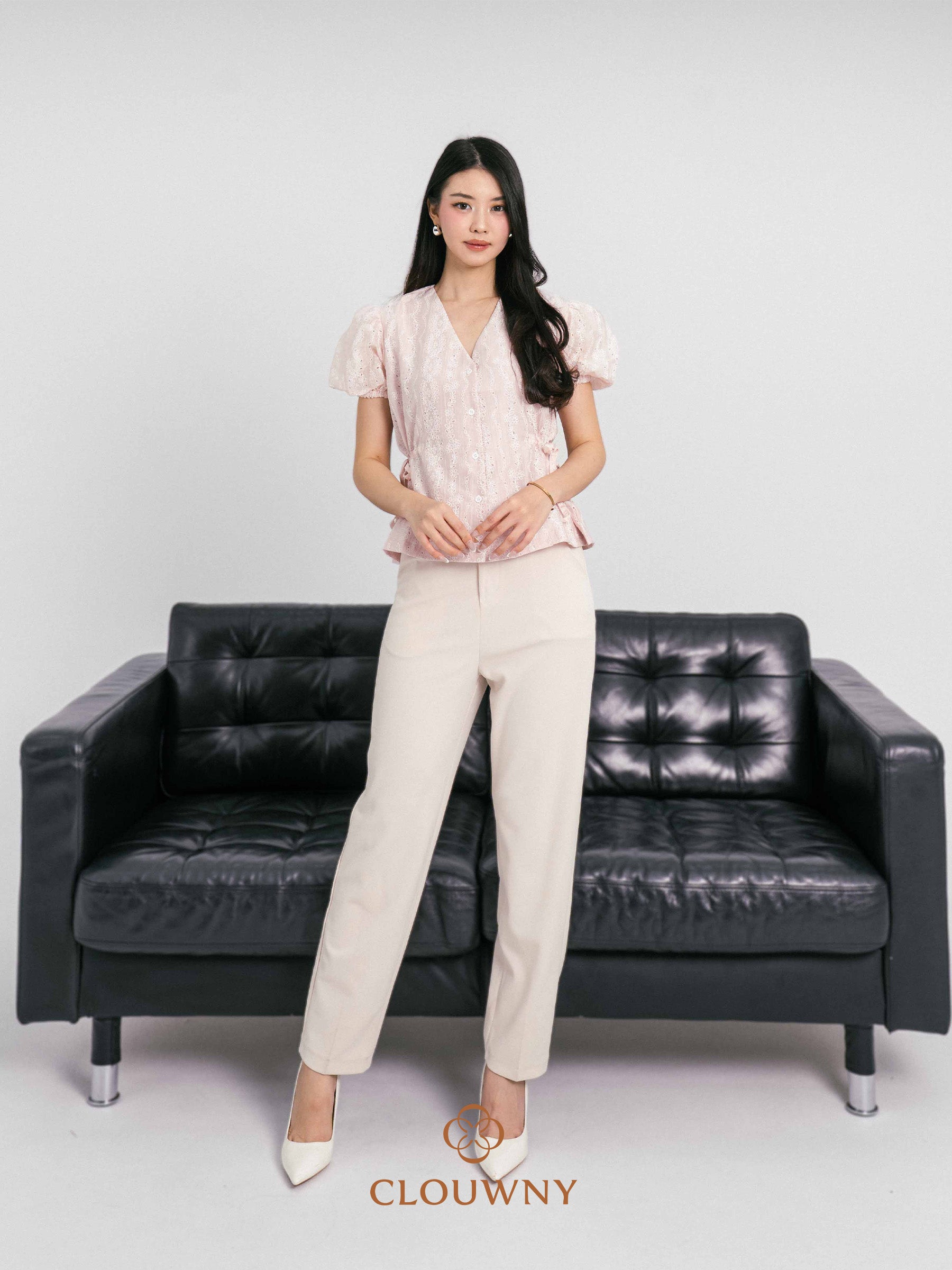 Angela Embroidery Side Drawstring Blouse - Pink